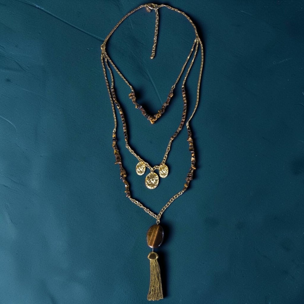 Vintage Treska Tiger's Eye Layered Tassel Necklace Y2K Boho
